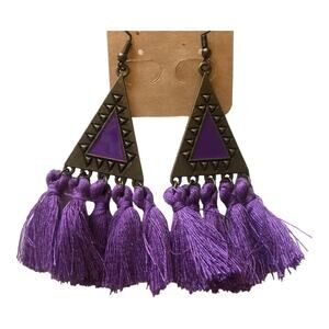 Boho Festival Copper Sphere Metalwork Agate Beads Purple Tassel Dangle Earrings